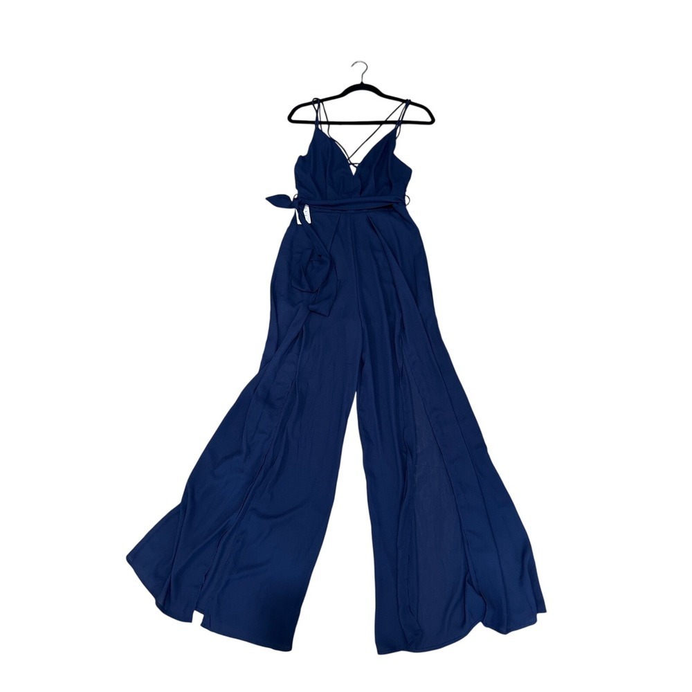 Windsor Navy Blue Wide Leg Slit Jumpsuit V-Neck Tie Waist Formal NWT Small